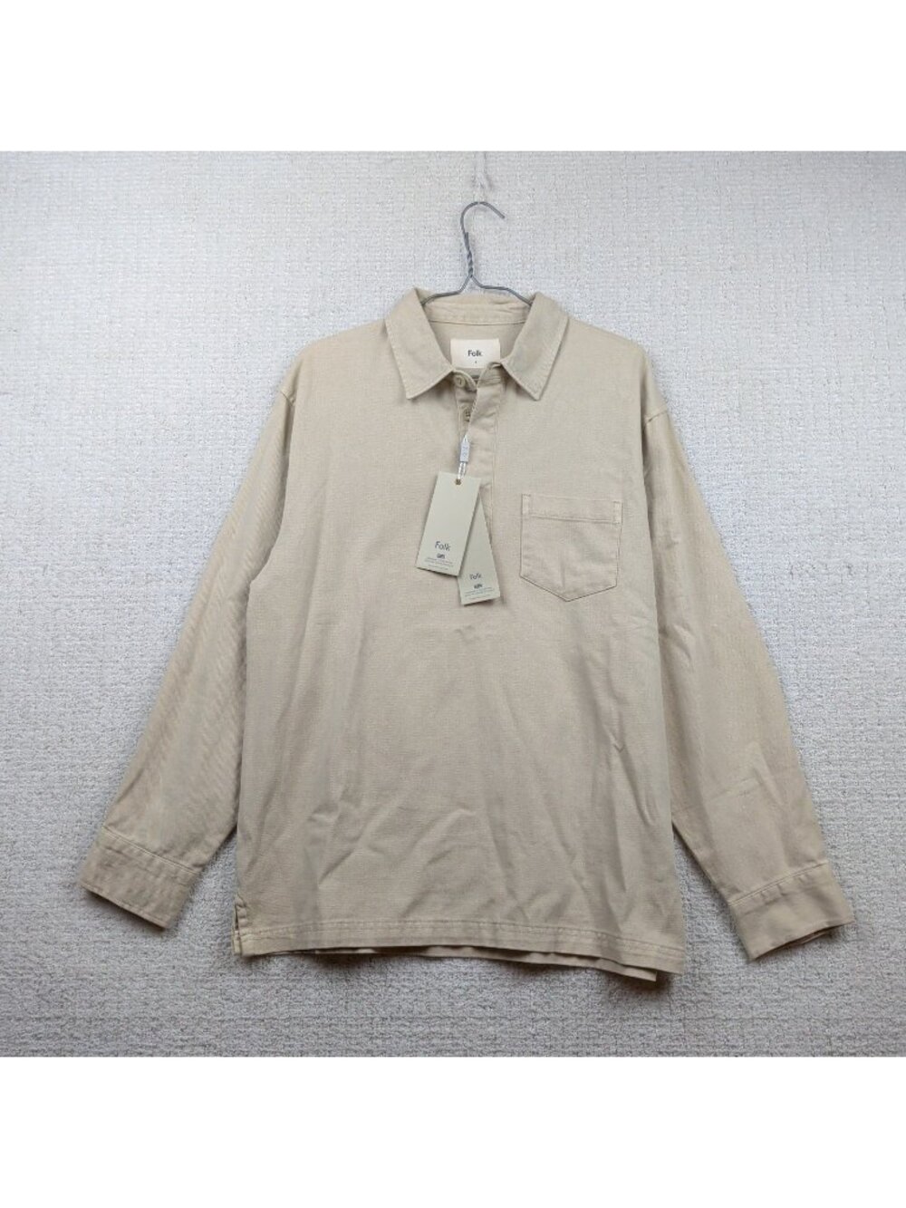Folk Mens Quinn Rugby Polo Long Sleeve Twill Shirt Stone Beige Sz S Preppy NWT
